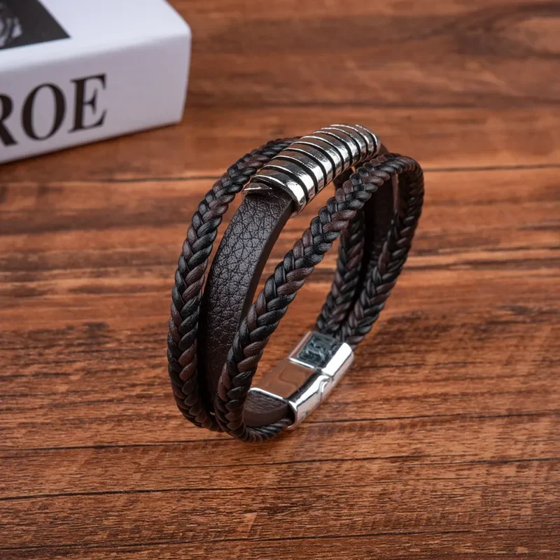 Pulsera marrón triple con espiral de acero