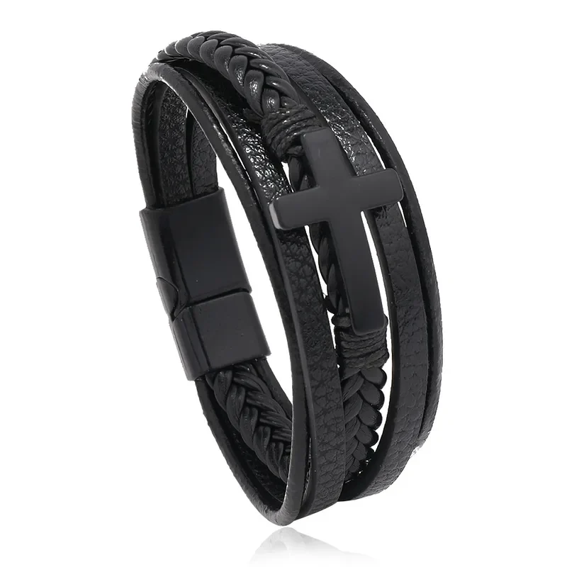 Pulsera negra con cruz color negro mate