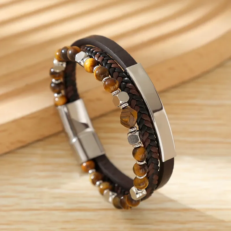 Pulsera marrón con ojo de tigre y aplique de acero