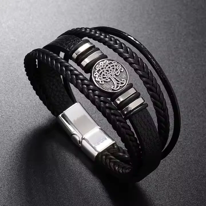 Pulsera negra de 4 tiras con árbol de la vida celta