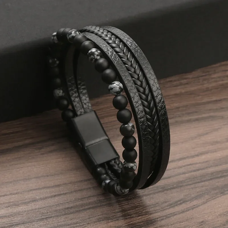 Pulsera negra de 4 tiras y piedras negras y grises