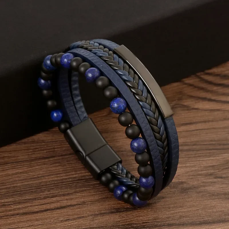 pulsera azul y negra de 4 tiras con aplique negro y piedra lapislázuli