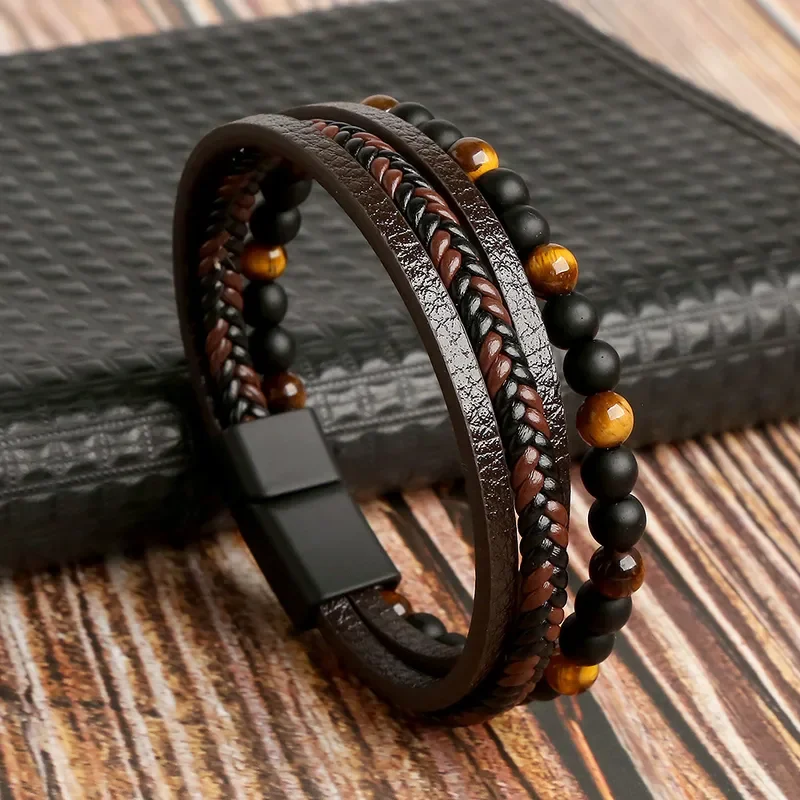 Pulsera marrón de 4 tiras y piedras ojo de tigre