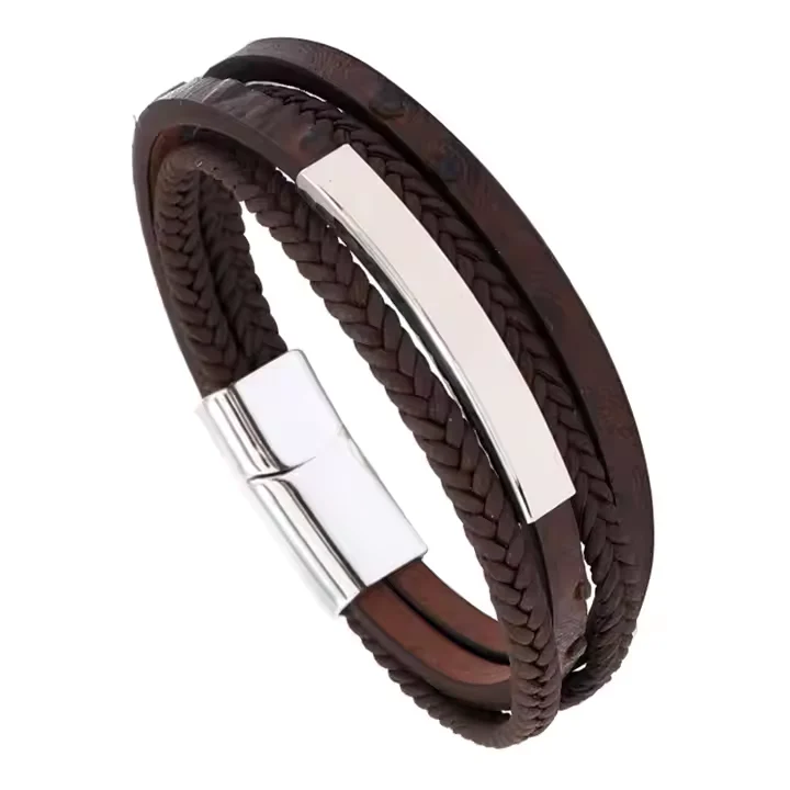Pulsera marrón 4 tiras, aplique plateado
