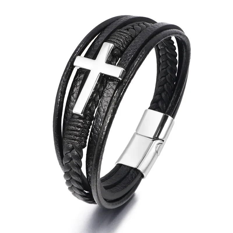 Pulsera negra de 5 tiras con cruz plateada