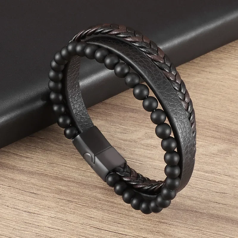 Pulsera negra con marrón y cuentas negro mate