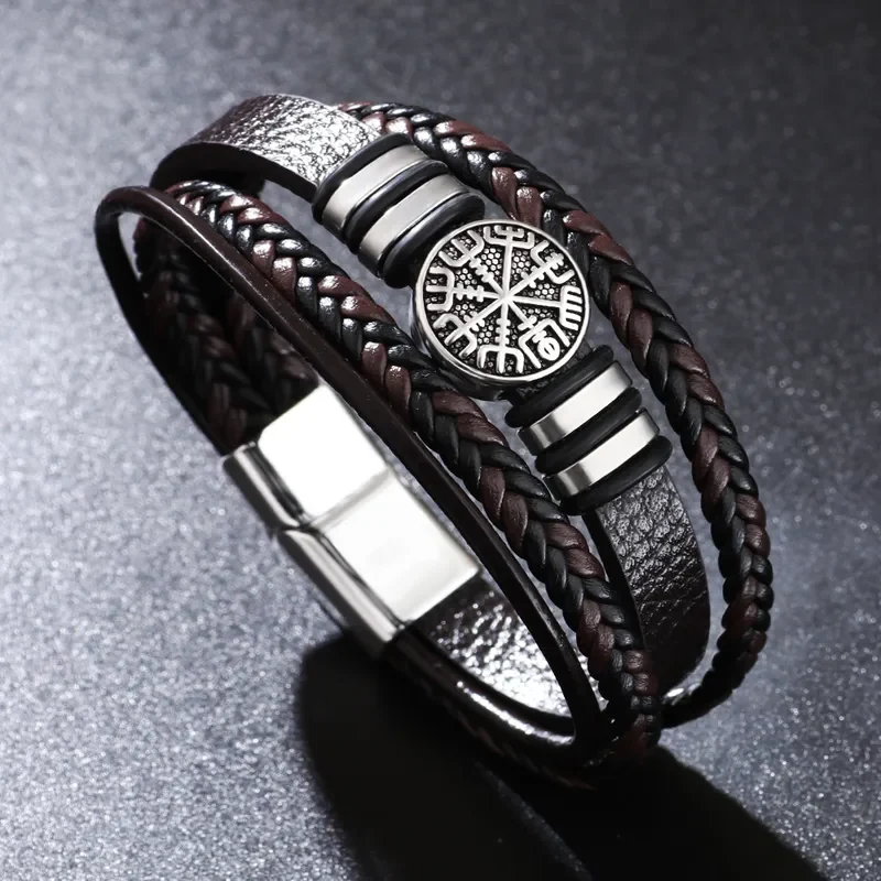 Pulsera marrón con brújula Vikinga (Vegvisir)