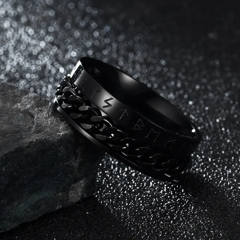 Anillo Vikingo negro con cadena giratoria y runas labradas (antiestrés)