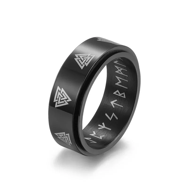 Anillo Vikingo negro con triqueta y runas (antiestrés)