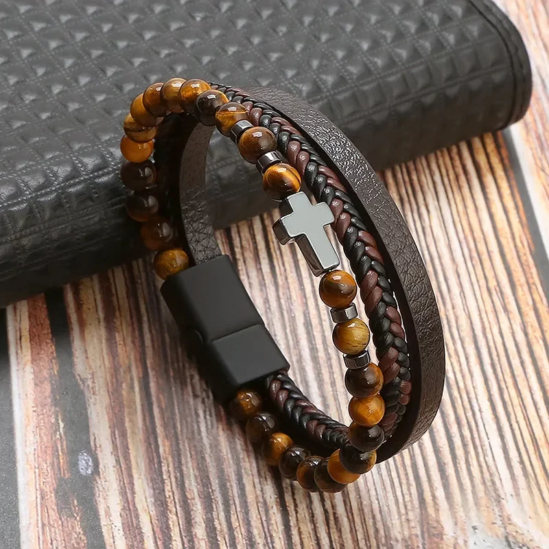 Pulsera marrón con ojo de tigre y cruz