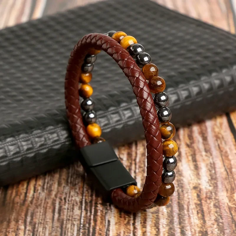 Pulsera marrón con ojo de tigre y hematita