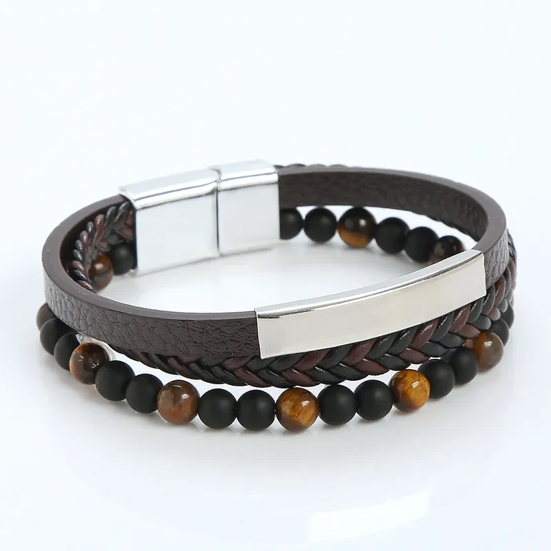 Pulsera marrón con ojo de tigre y aplique plateado