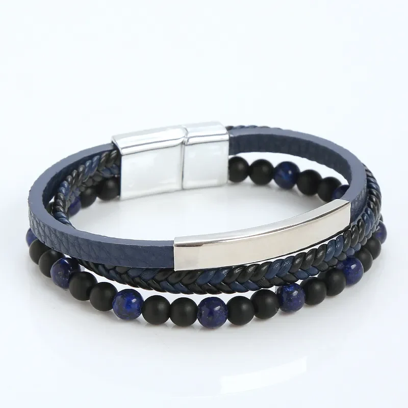 Pulsera azul con lapislázuli y aplique plateado
