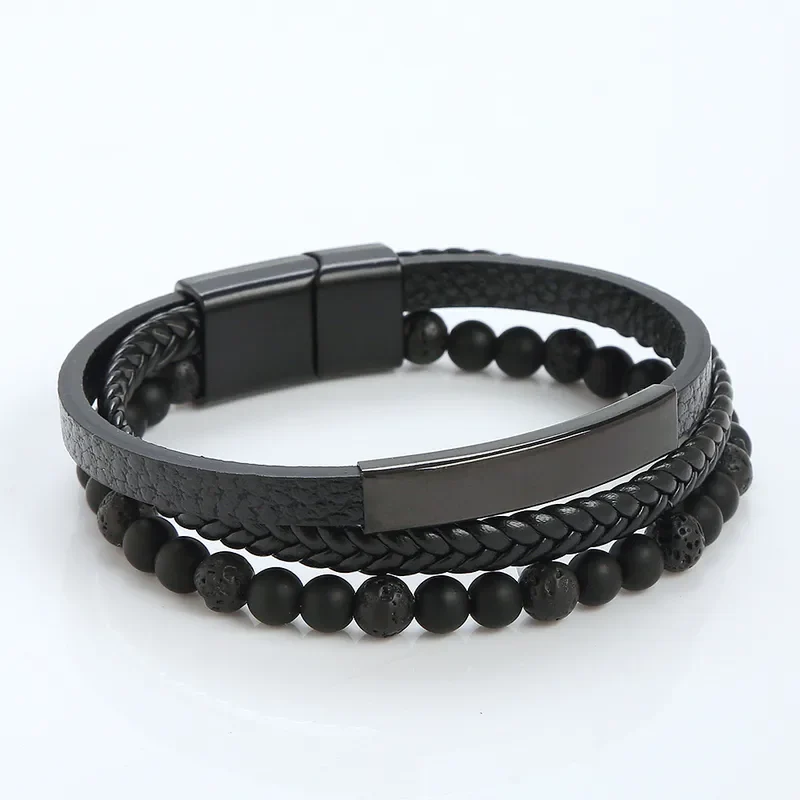 Pulsera negra con piedra volcánica y aplique negro