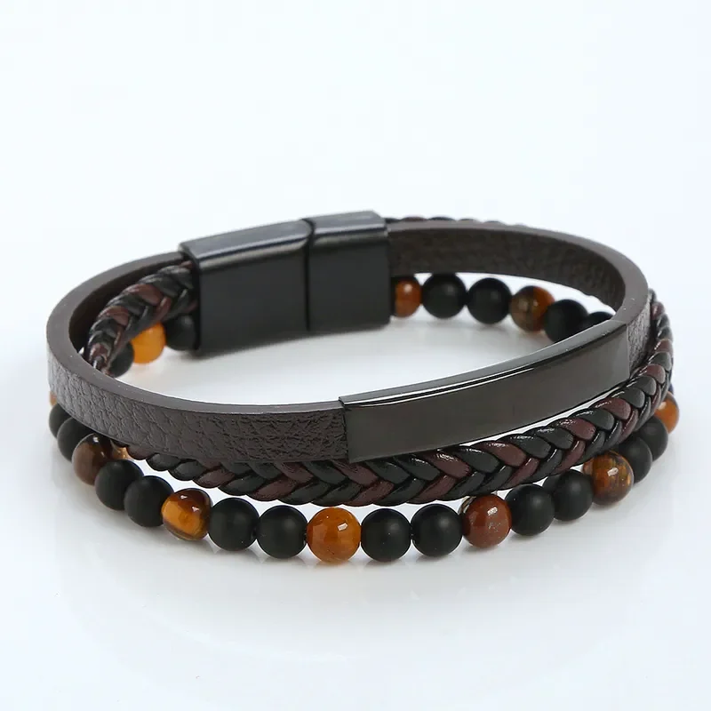 Pulsera marrón con ojo de tigre y aplique negro