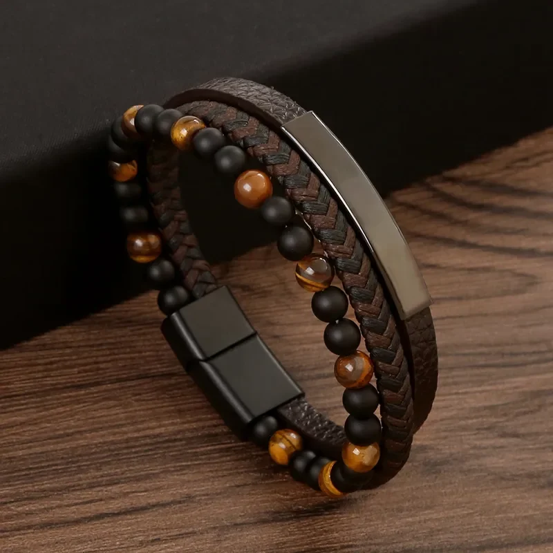 Pulsera marrón de 3 tiras, aplique negro y ojo de tigre