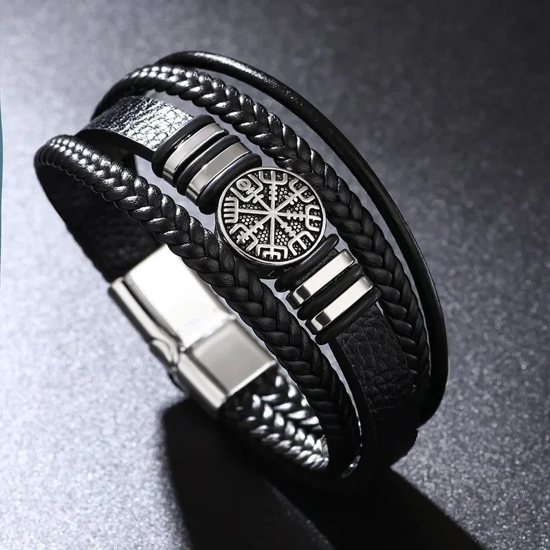 Pulsera negra con brújula vikinga (Vegvisir)