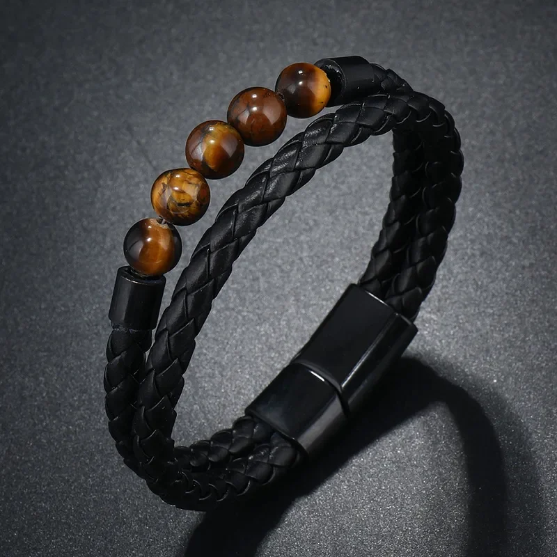 Pulsera doble trenza negra y piedra ojo de tigre