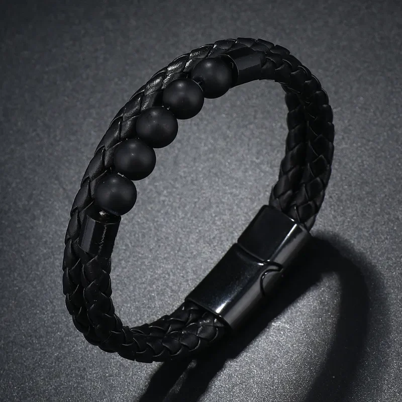 Pulsera doble trenza negra y piedras en negro mate
