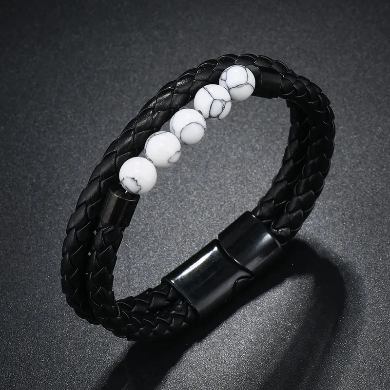 Pulsera negra doble trenza con piedra Howlita