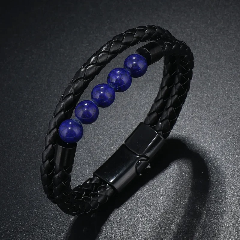 Pulsera negra doble trenza y piedra Lapislázuli