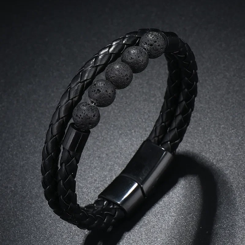 Pulsera doble trenza negra y piedra Volcánica