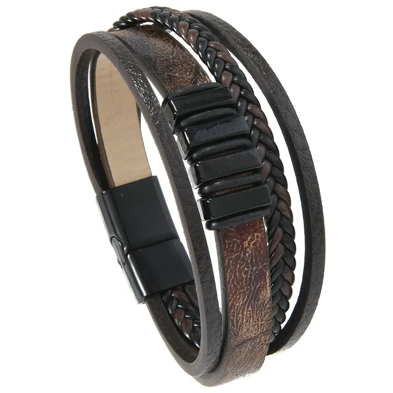 Pulsera marrón de 4 tiras y apliques negros
