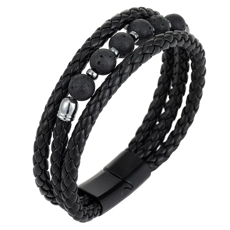 Pulsera triple trenza y piedra volcánica