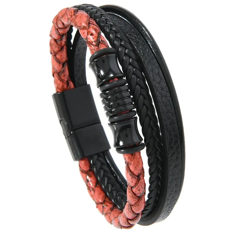 Pulsera negra y trenza roja con apliques negros