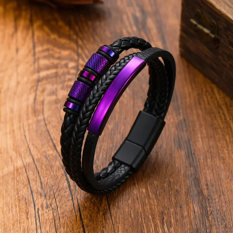 Pulsera negra de 3 tiras y apliques fucsia