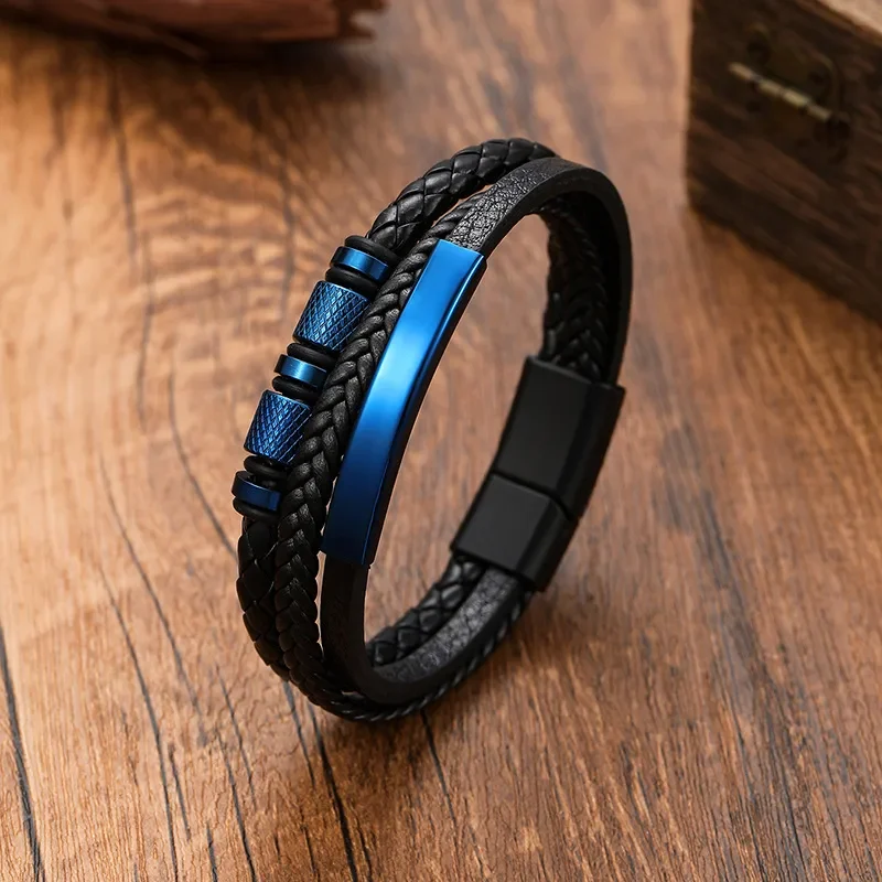 Pulsera negra de 3 tiras con apliques azules
