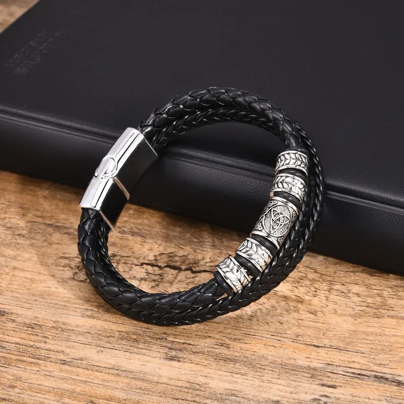 Pulsera Vikinga triple trenza negra con triqueta