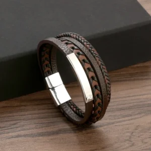 Pulsera moderna de 5 tiras marrón con aplique plateado