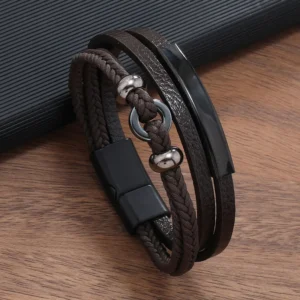 Pulsera marrón de 3 tiras, dije de aro y aplique negro