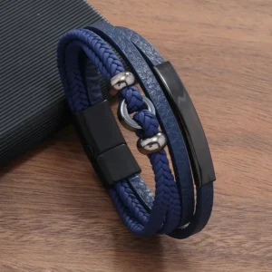 Pulsera azul de 3 tiras dije de aro y aplique negro