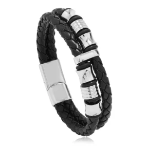 Pulsera negra doble trenza con apliques plateados