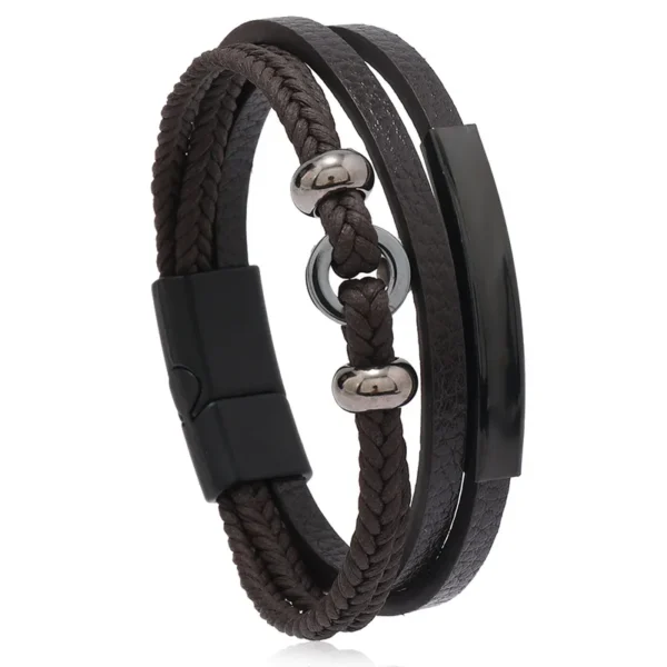 Pulsera marrón de 3 tiras, dije de aro y aplique negro - Imagen 2