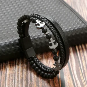 Pulsera de 3 tiras con piedras negras y anclas ⚓