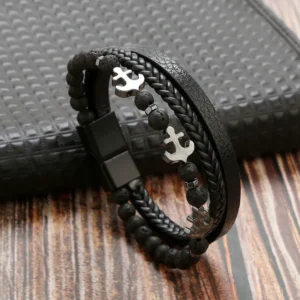 Pulsera de 3 tiras piedra volcánica y anclas ⚓