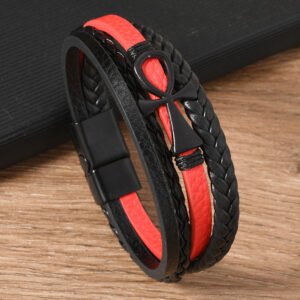 Pulsera roja y negra con llave de la vida