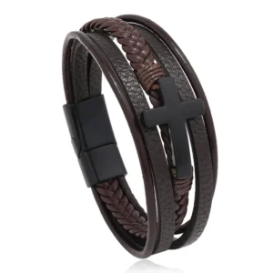 Pulsera marrón de 5 tiras con cruz negra