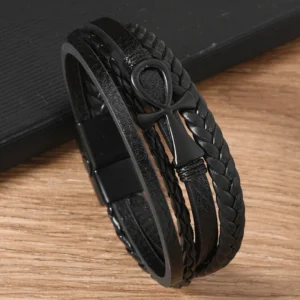 Pulsera negra de 4 tiras y llave de la vida