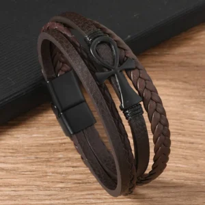 Pulsera marrón de 4 tiras con llave de la vida